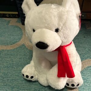 Adorable White Plush Bear with Red Scarf